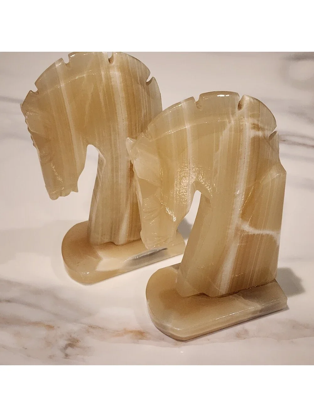 Vintage Banded Onyx Horse Head Bookends Pair Cream Honey Carved Stone